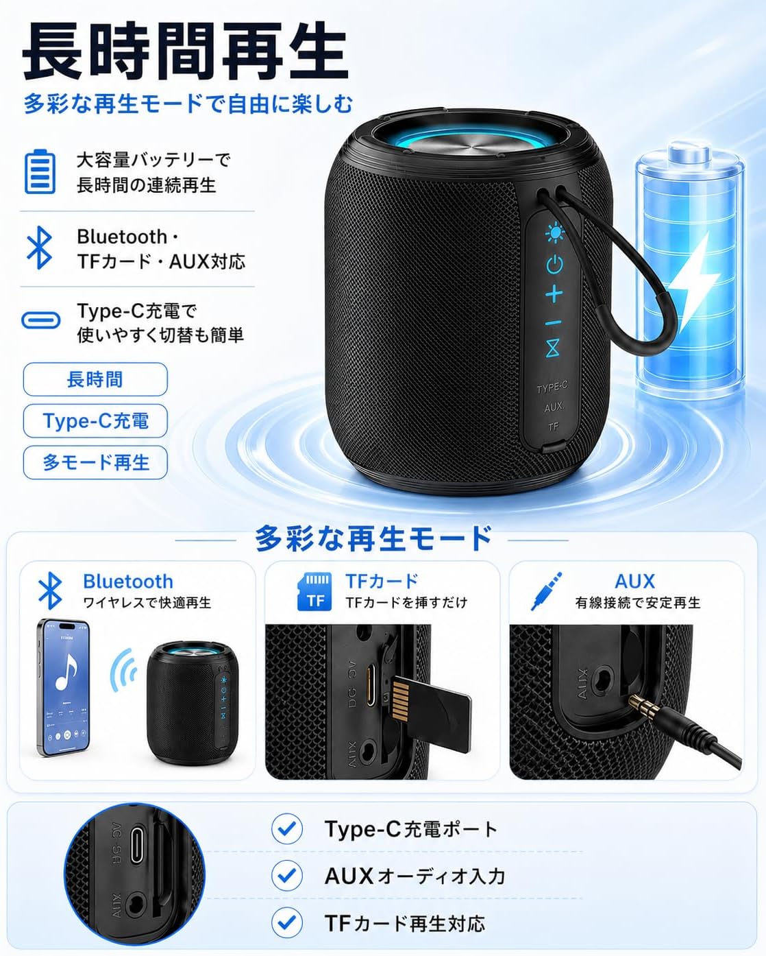 Bluetooth Speaker, Wireless Speaker, Portable Speaker, Bluetooth 5.3 Compatible, 2 Pairing, TF Card/AUX Compatible, Enhanced Bass, RGB Light, Type C Rechargeable, Music Player, Waterproof, Shockproof