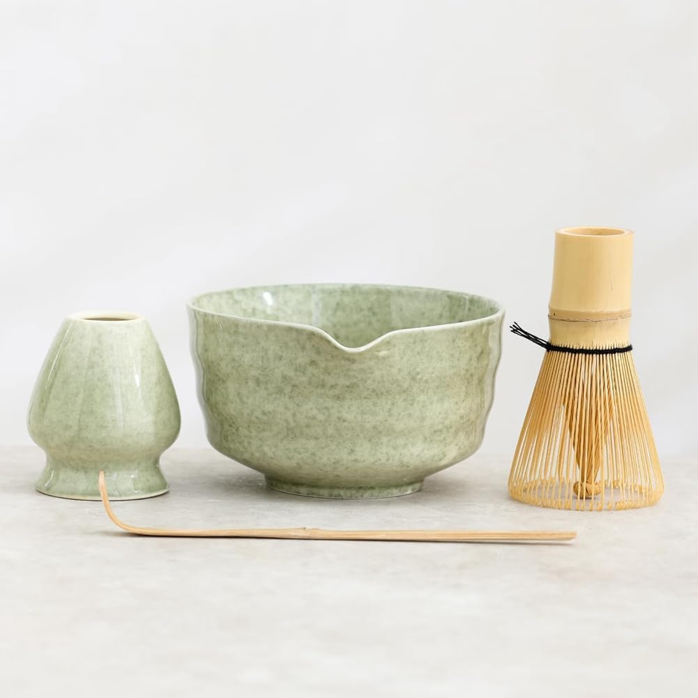 Chaksy Matcha Set, Japanese Tea Set Includes Matcha Bowl with Spout, Matcha Holder, Bamboo Matcha and Bamboo Scoop