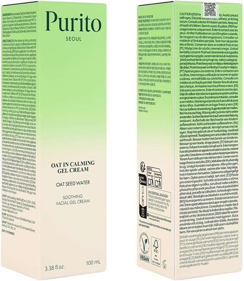 PURITO Oat in Calming Gel Cream, 3.4 fl oz (100 ml)