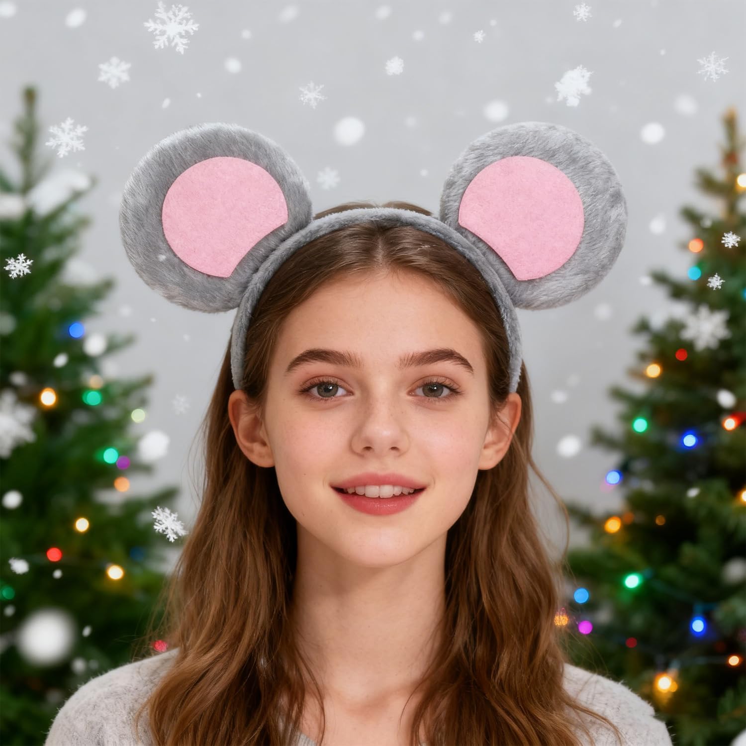 Pack of 2 Mouse Ears Headband Grey & Pink Soft Fabric Rat Ears for Adults and Children, Costume Accessories Carnival Party Halloween