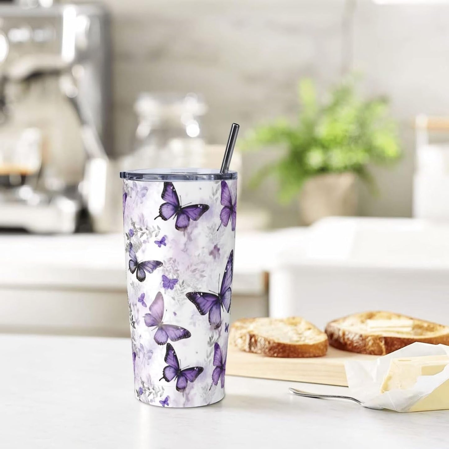Vaso aislado de acero inoxidable de 20 onzas con tapa y pajilla, diseño vintage de mariposas florales, acuarela, taza de café, té, vino, botella de agua para mujeres y hombres