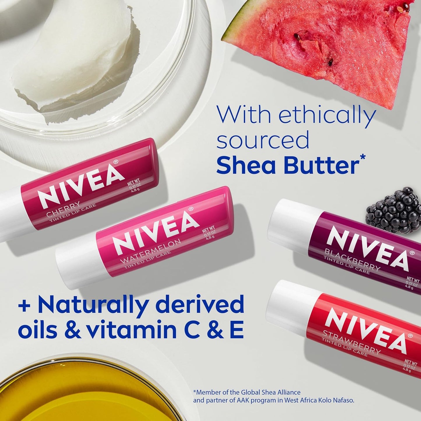 NIVEA Lip Care, Paquete Variado de Bálsamo Labial Tintado Frutal, Sabores a Cereza, Fresa, Mora y Sandía, Humedad, Reparación y Color 3-en-1, Barra de 0.17 Oz, Paquete de 4