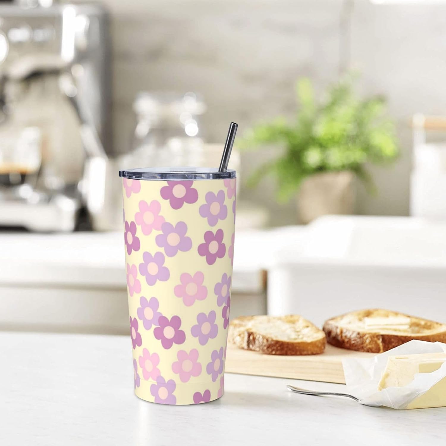 Vaso de 20 onzas con tapa y popote para mujer, diseño floral retro, con aislamiento, diseño floral retro, diseño de flores moradas, de acero inoxidable, taza de viaje al vacío de doble pared