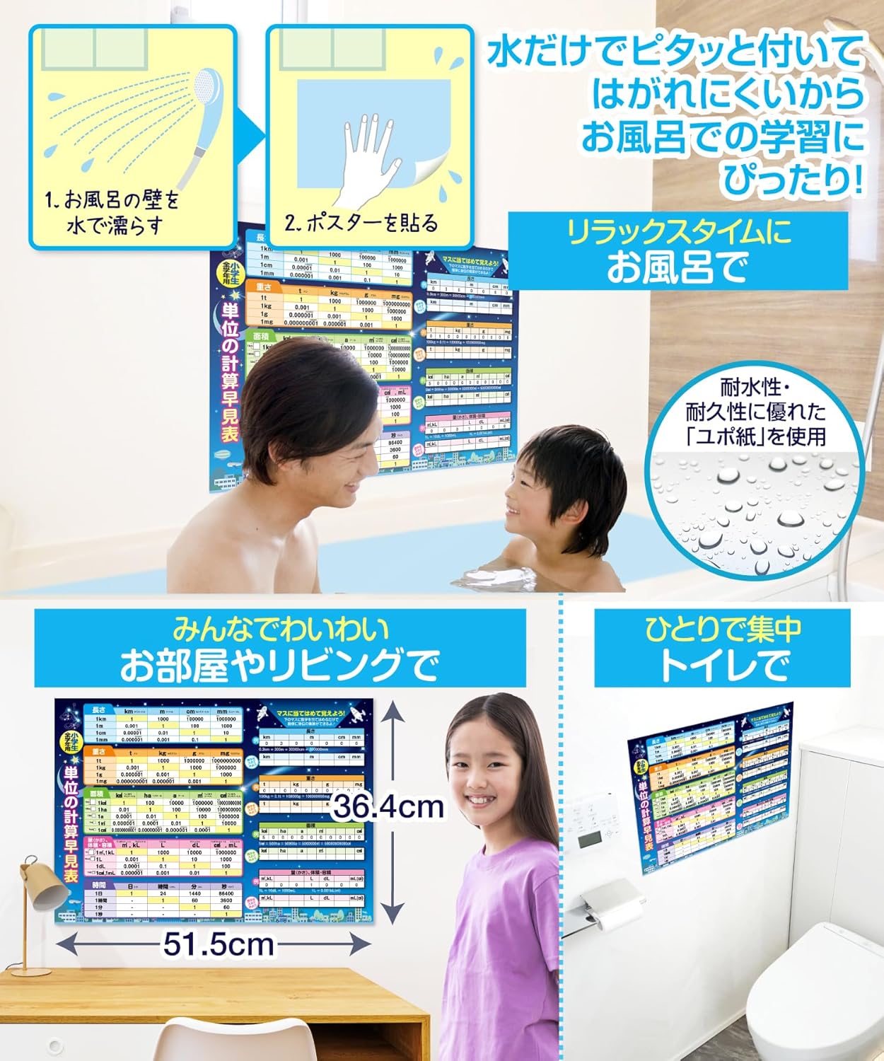 Unit Calculation Quick Reference Bath Poster, Starry Sky Design, B3 Size (W x H): 20.3 x 14.3 inches (51.5 x 36.4 cm), Junior High School Entrance Exams, Mathematics, Unit Conversion, For All Elementary School Students, Waterproof, Learn in the Bath