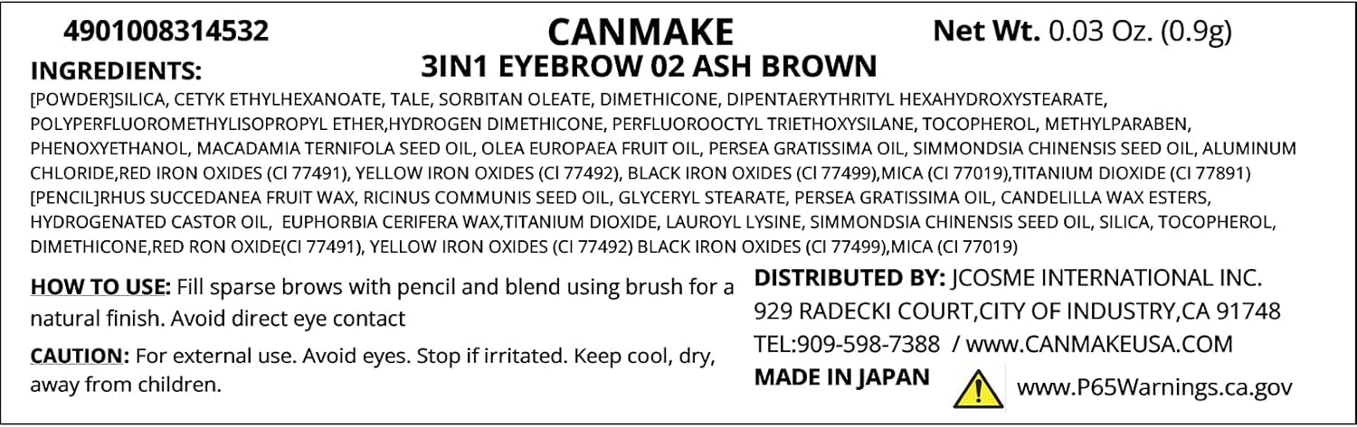 CANMAKE TOKYO 3 in 1 Eyebrow 02 Ash Brown Pencil Eyebrow Powder Eyebrow with Brush