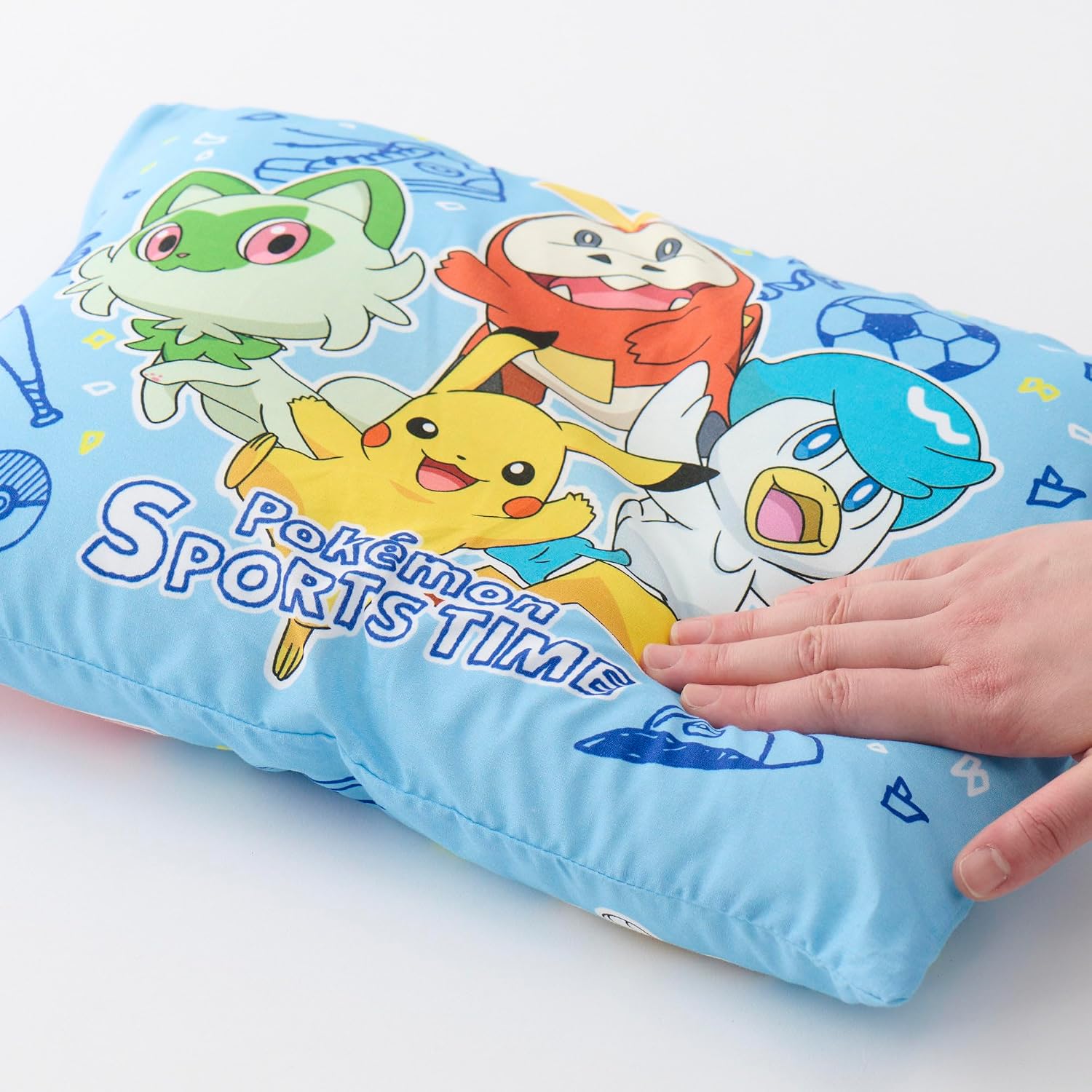 MORIPiLO Kids Pillow, Low Profile, Pokemon Pikachu Sports Time, Blue, Approximately 11 x 15.4 inches (28 x 39 cm), Skin-friendly 100% Cotton Fabric, Washable, Plush Toy Cushion, Character Goods