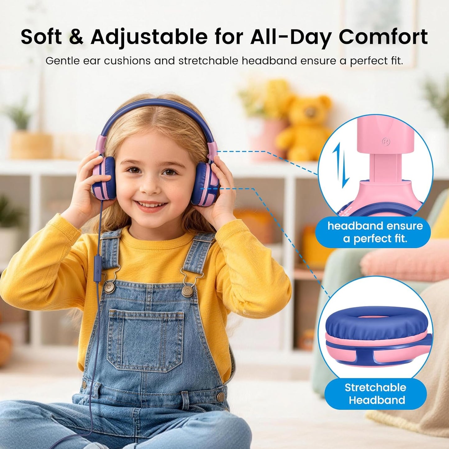 SIMOLIO Kids Headphones with Sharing Port Microphone Volume Limit for Children/Boys/Girls/Youth Wired Headphones with 3.5mm Stereo Plug for iPhone/iPad/Kindle/Tablet/Nintendo Switch School/Travel