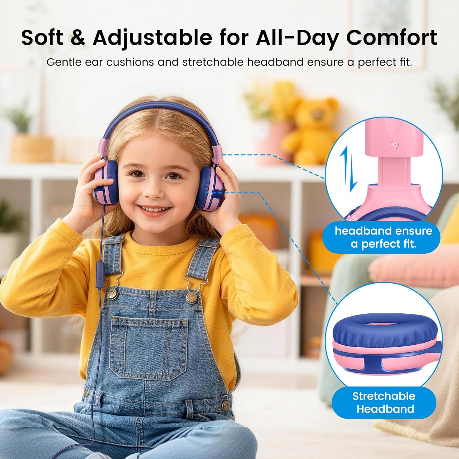 SIMOLIO Kids Headphones with Sharing Port Microphone Volume Limit for Children/Boys/Girls/Youth Wired Headphones with 3.5mm Stereo Plug for iPhone/iPad/Kindle/Tablet/Nintendo Switch School/Travel