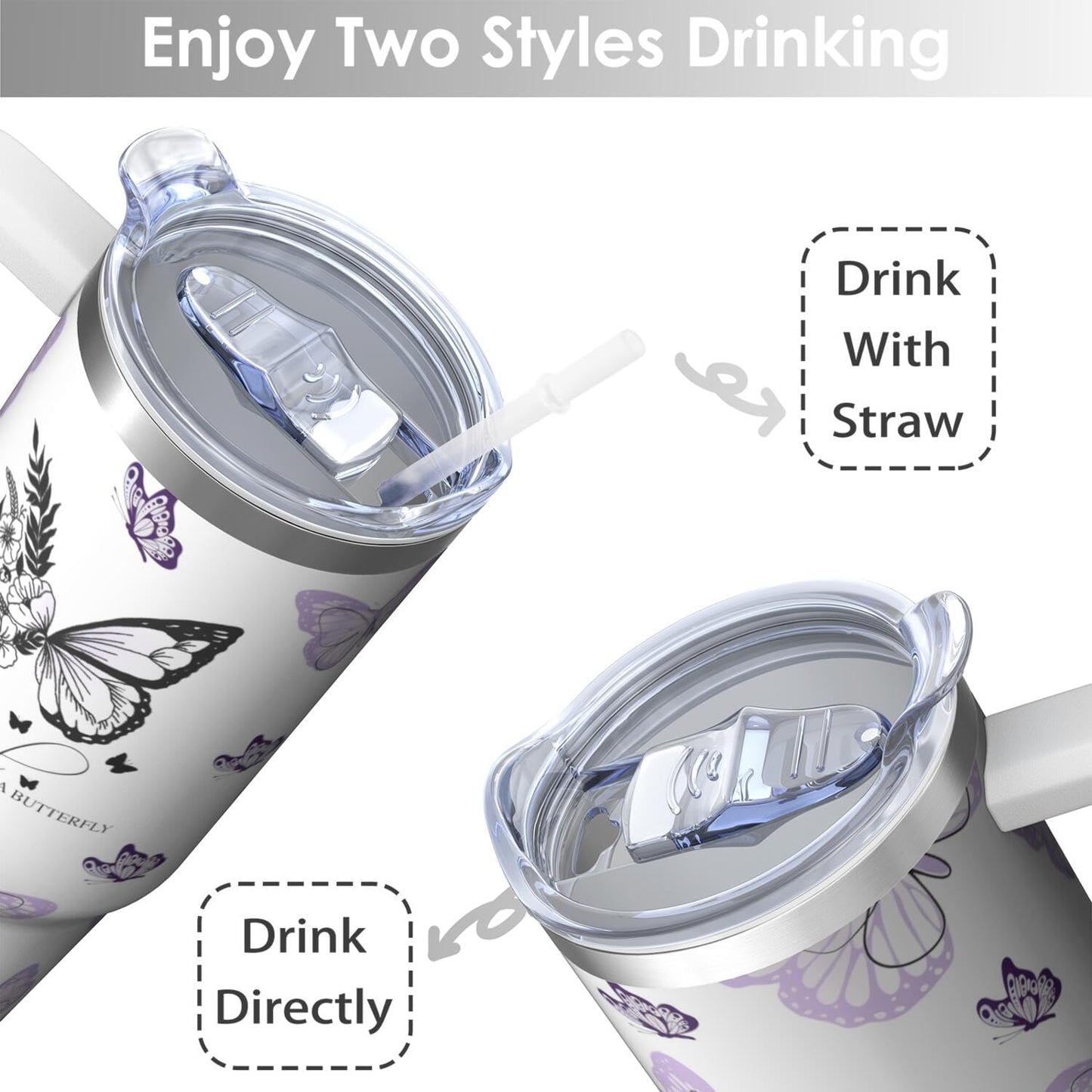 Vaso de mariposa con asa y pajita, botella de agua de viaje de 30 onzas con tapa, taza aislada de acero inoxidable, regalos de cumpleaños para mujeres amantes de los animales