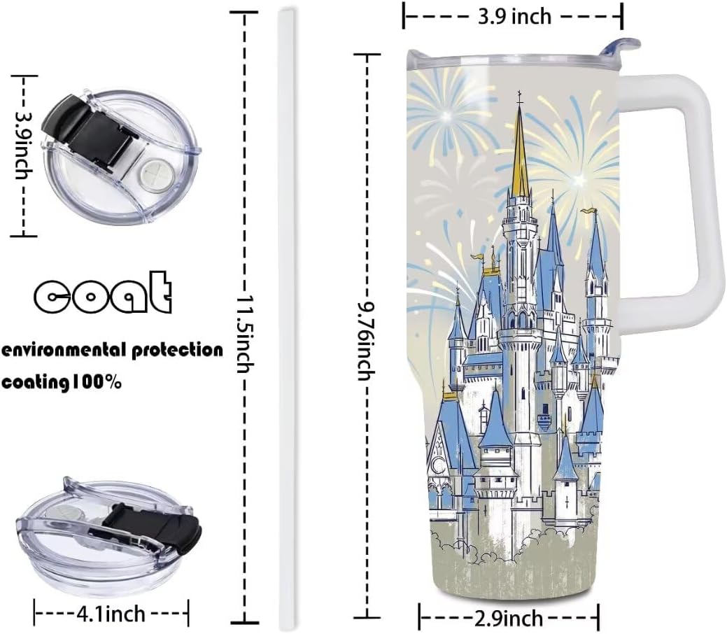 Castle - Vaso de 40 onzas con tapas y pajitas, vaso aislado de acero inoxidable, taza de viaje con fuegos artificiales, regalos para mujeres