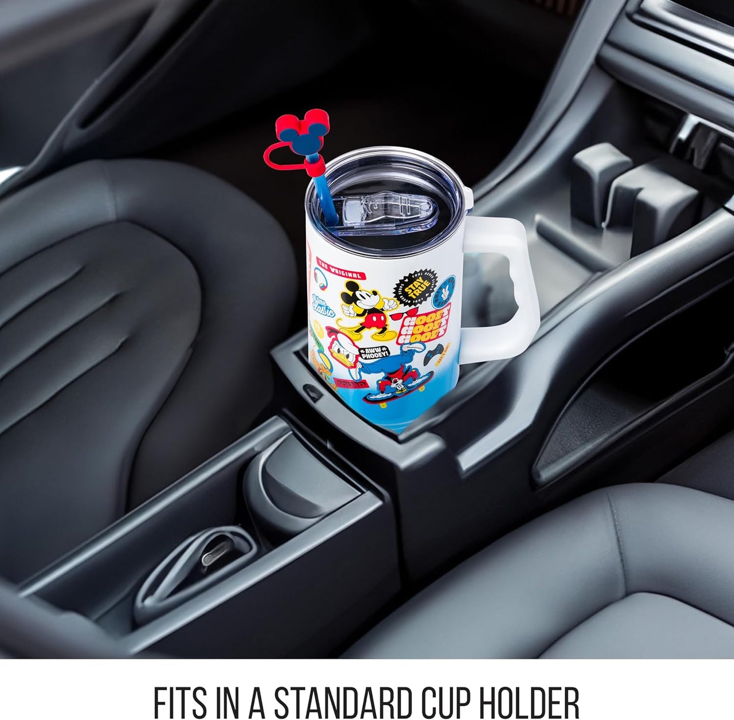 Silver Buffalo Disney Mickey and Friends Daisy, Donald Duck, Goofy, Pluto, Minnie Decals - Vaso de acero inoxidable de doble pared con asa, popote y tapa con pajilla, cabe en portavasos estándar, 40
