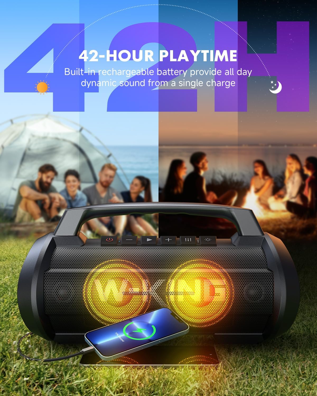 70 W (120 W Peak) Speaker, Bluetooth, IPX6 Waterproof, Dustproof, Wireless Speaker, Loud Volume, W-KING Portable Speaker Stereo (Party Light, Mic Port, 42 Hours Continuous Playback, Enhanced Bass