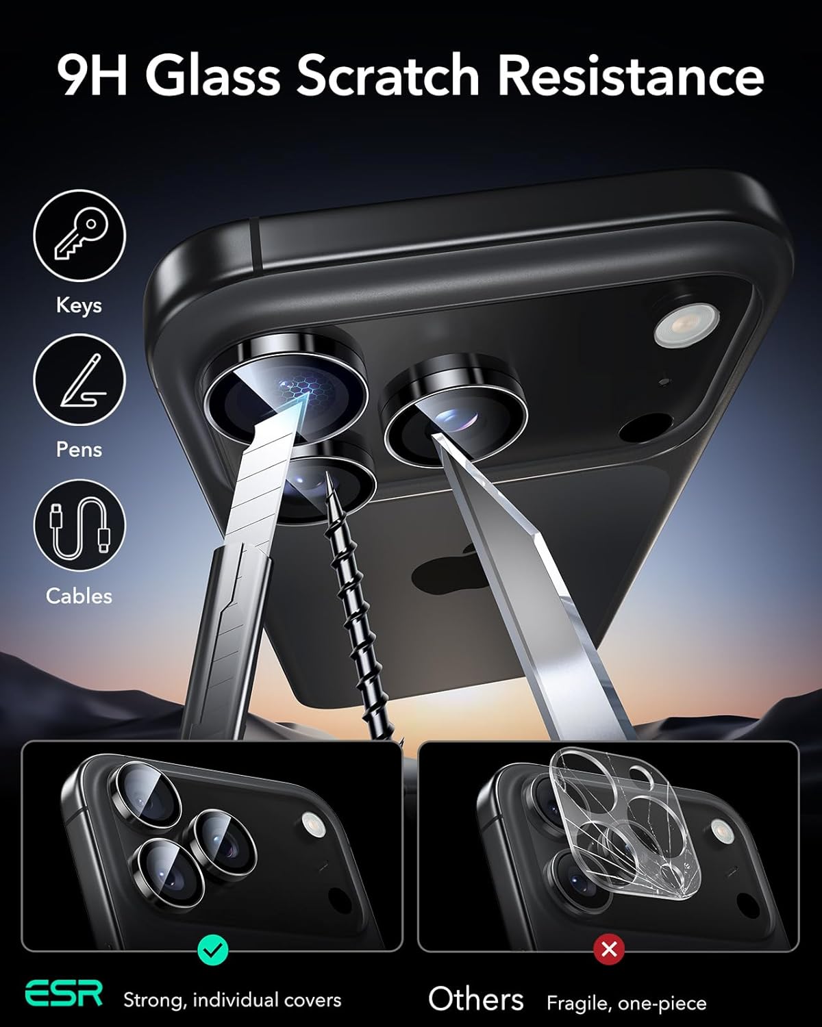 ESR iPhone 15 Pro Max /15 Pro/14 Pro Max /14 Pro Camera Lens Film Standalone Lens Film Scratch Resistant Ultra Thin Aluminum Edge Tempered Glass 1 Pack Black Armorite