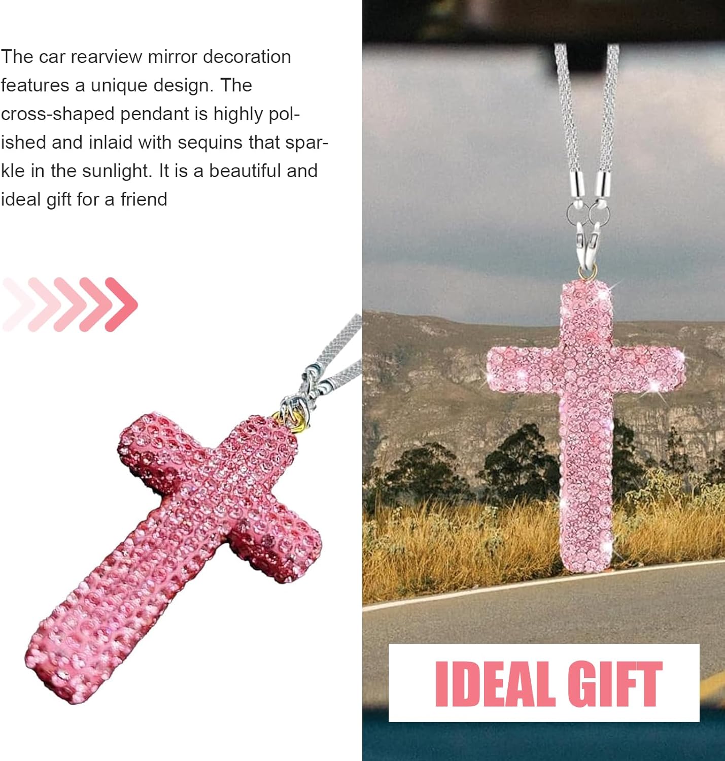 Adorno colgante de cruz brillante para automóvil, colgante de cruz de diamantes de imitación brillantes para espejo retrovisor de automóvil, colgante de decoración de espejo retrovisor de