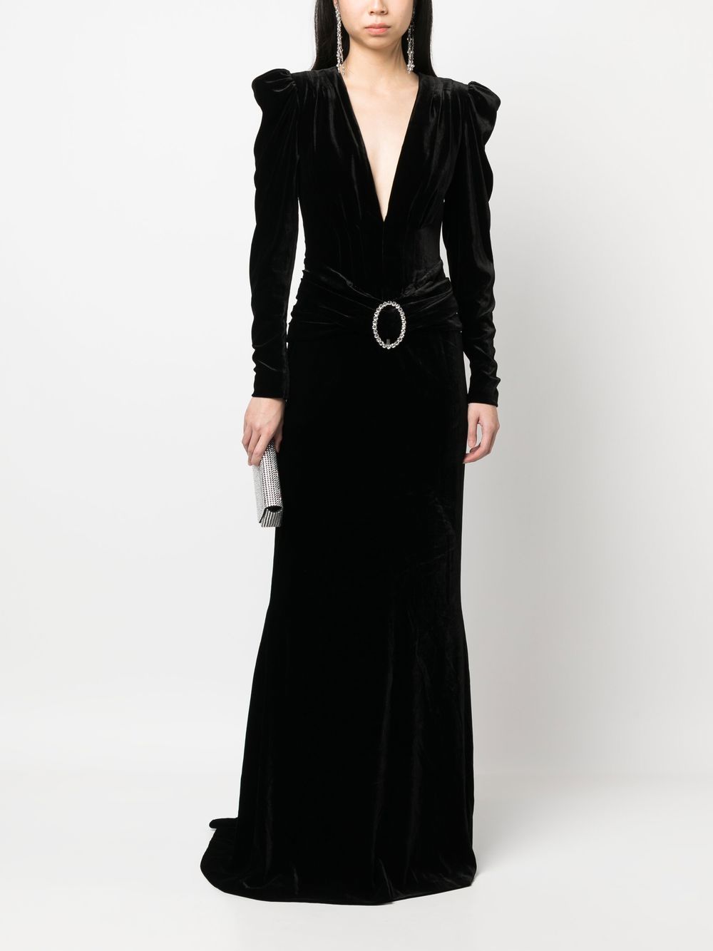 Alessandra Rich アレッサンドラリッチディープネックラインベルベットロングドレス - Image 6