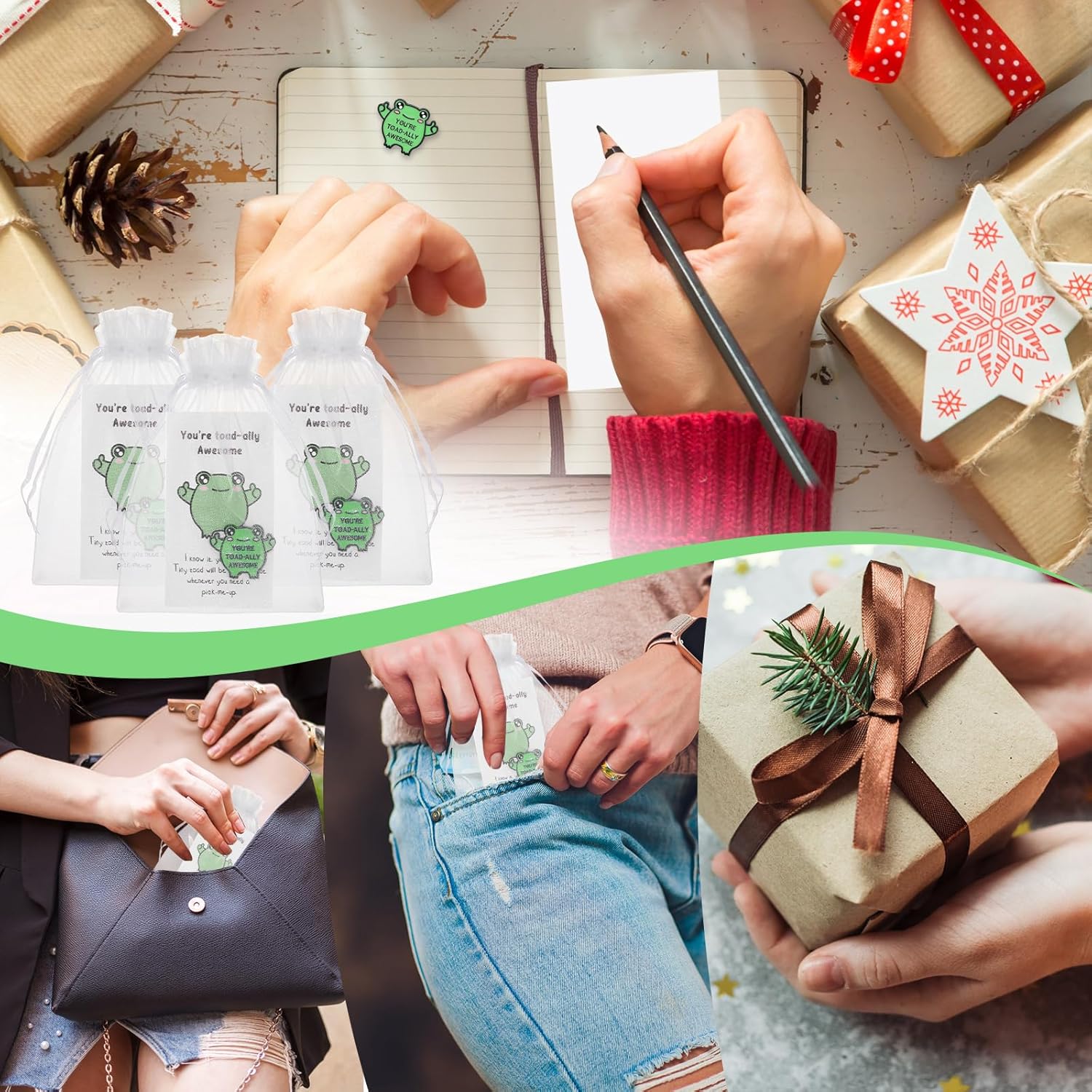 Lyrow - Juego de 50 pines de rana de dibujos animados, suministros de bienvenida a la escuela, broche de apoyo emocional con bolsas inspiradoras para tarjetas, regalo de agradecimiento para estudiantes, empleados, compañeros de trabajo, equipo de personal