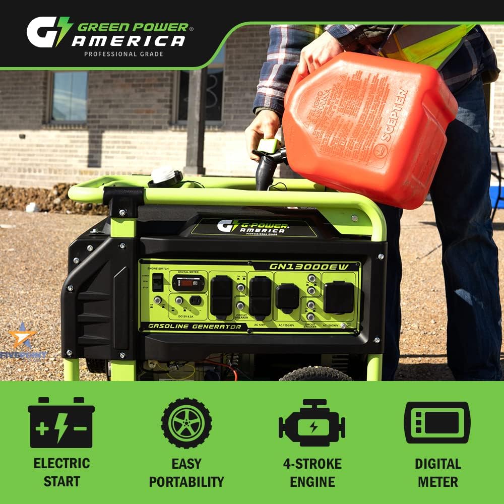 Green-Power America 13000 Watt Gasoline Powered Recoil/Electric Start Portable Generator, 12V-8.3A, Charging Outlet, Home Backup, RV Compatible