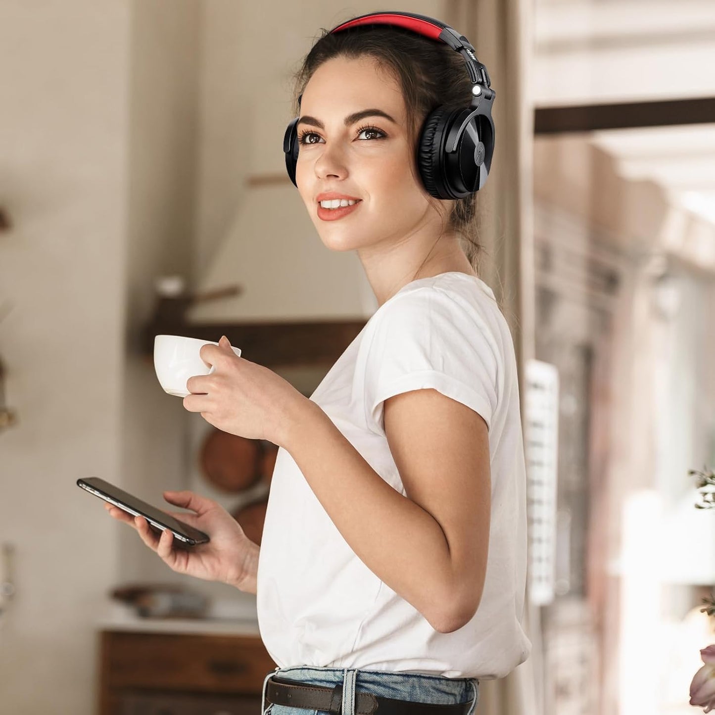 OneOdio Wireless Headphones, Up to 110 Hours of Continuous Playback, Bluetooth Headphones, Heavy Bass, Wired Hi-Res, Multi-Point Support, Built-in Microphone, Hands-Free Calling, Pro C, Black Red