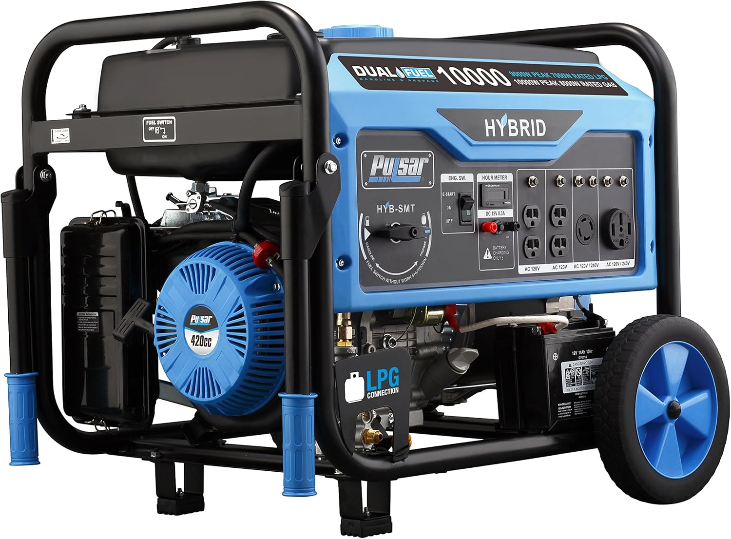 Pulsar PG10000B16 Portable Dual Fuel Generator - 8000 Rated 1000 Peak Watts - Built in Gas & LPG Electric Start Switch & Go, RV Ready CARB Compliant, 10,000W, Black