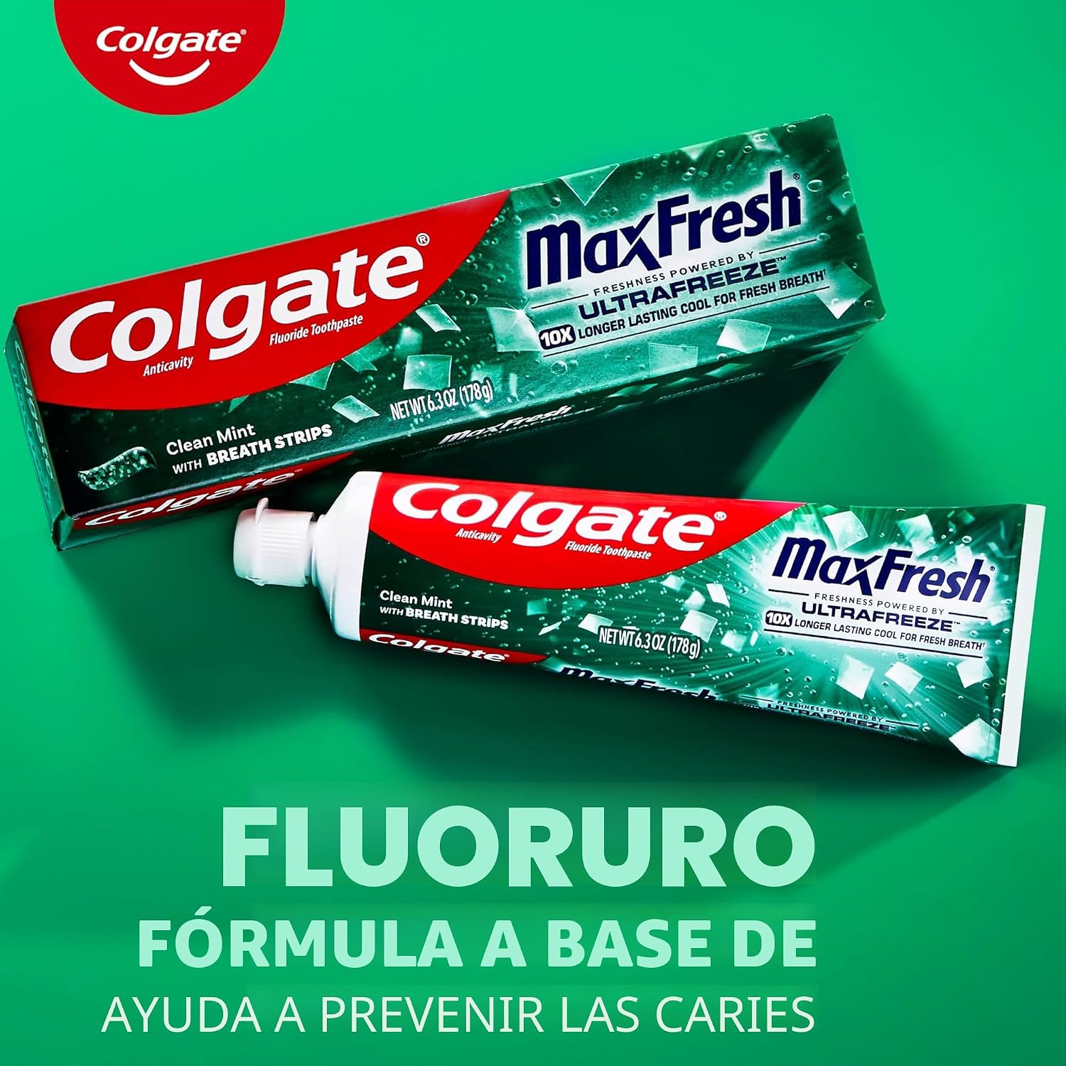 Colgate MaxFresh Clean - Paquete de pasta de dientes de menta fresca, con flúor y cientos de mini tiras de aliento, deja la boca con una sensación refrescante durante horas, paquete de 4, 6.3 onzas