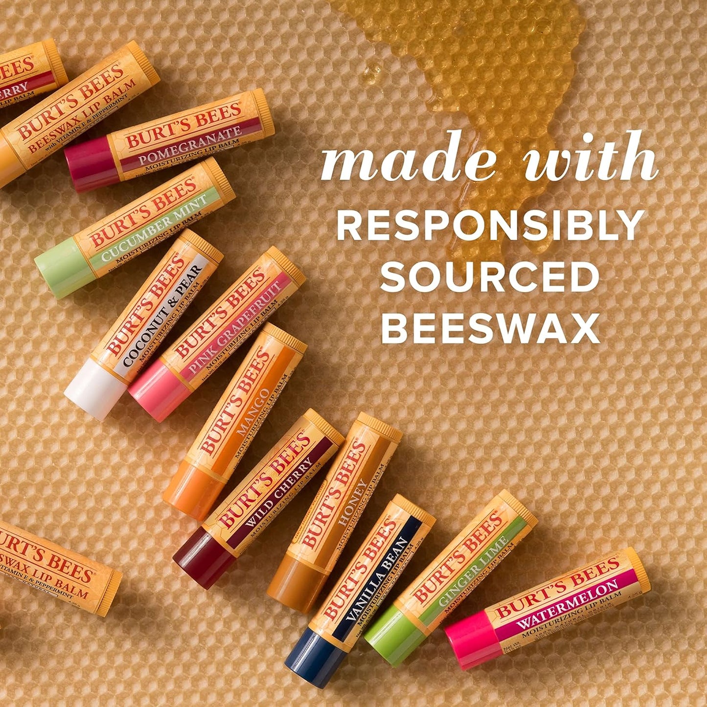 Burt's Bees - Bálsamo labial, protector labial hidratante, para hidratación durante todo el día, 100 % natural, granada con cera de abeja y extractos de frutas (paquete de 4)