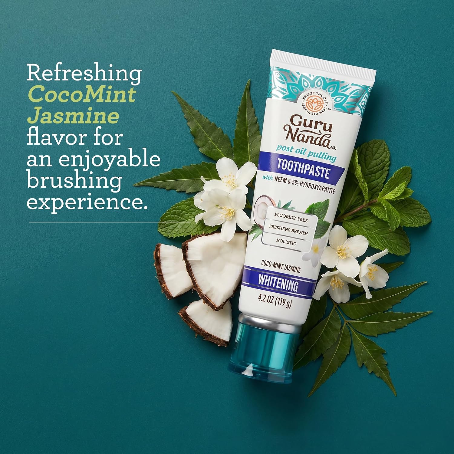 GuruNanda Pasta de dientes con hidroxiapatita, libre de SLS y fluoruro, pasta de dientes blanqueadora con raspador de lengua y exprimidor - Refresca la respiración, combate la placa - CocoMint natural