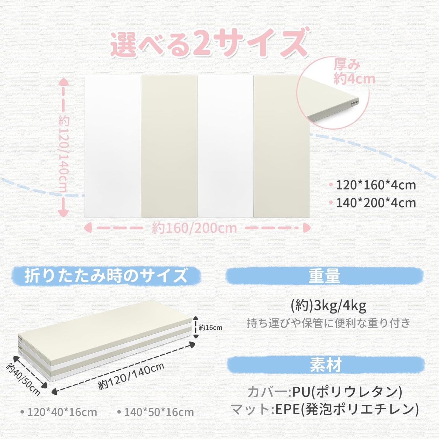 Artake Play Mat for Babies, Easy Storage, Joint Mat, Thick, Foldable, Waterproof, Soundproof Mat, Baby Mat, Nap Mat, 55.1 x 78.7 x 1.6 inches (140 x 200 x 4 cm), Beige