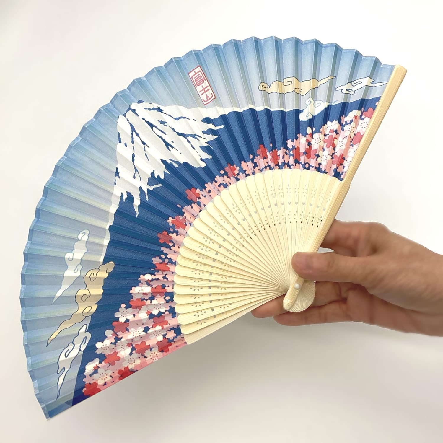 Kyoisu Silk Fan with Bag, Cherry Blossom Mt. Fuji Approx. 8.3 inches (21 cm), Men's, Women's, Overseas Souvenir, Japanese Goods