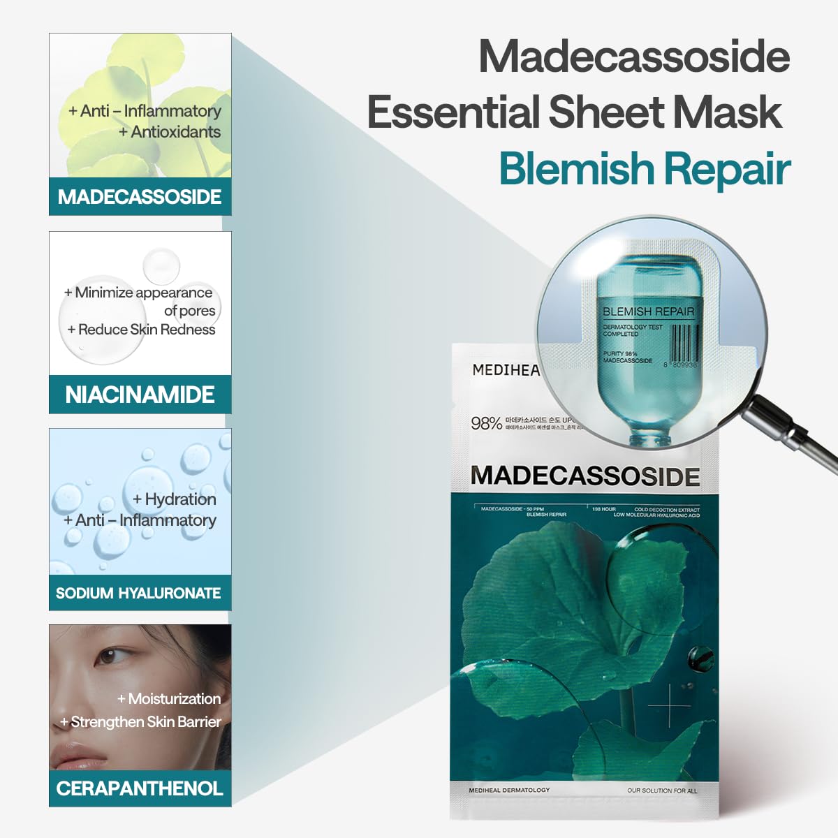 Mediheal Máscara de hoja esencial Madecassoside Reparación de imperfecciones 10 piezas. 98% pureza Madecassoside y ácido hialurónico incluidos. Mejora de la barrera de humedad y cuidado de la textura