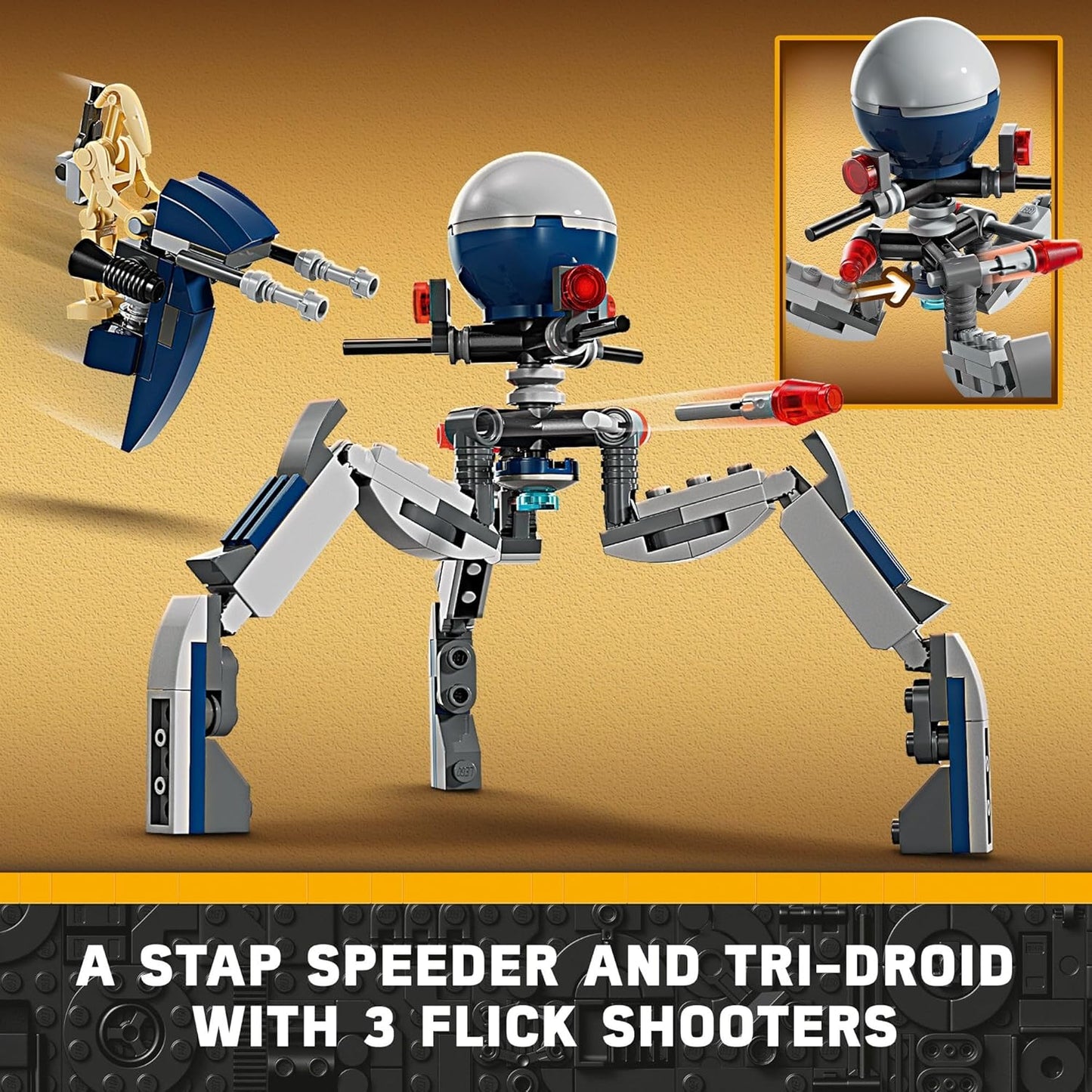 LEGO Star Wars 75372 - Paquete de batalla de soldado clon y droide de batalla para niños, vehículo de bicicleta Speeder de juguete construible, Tri-Droid y poste defensivo, coleccionable, regalo para niños y niñas de 7 años en adelante, 75372