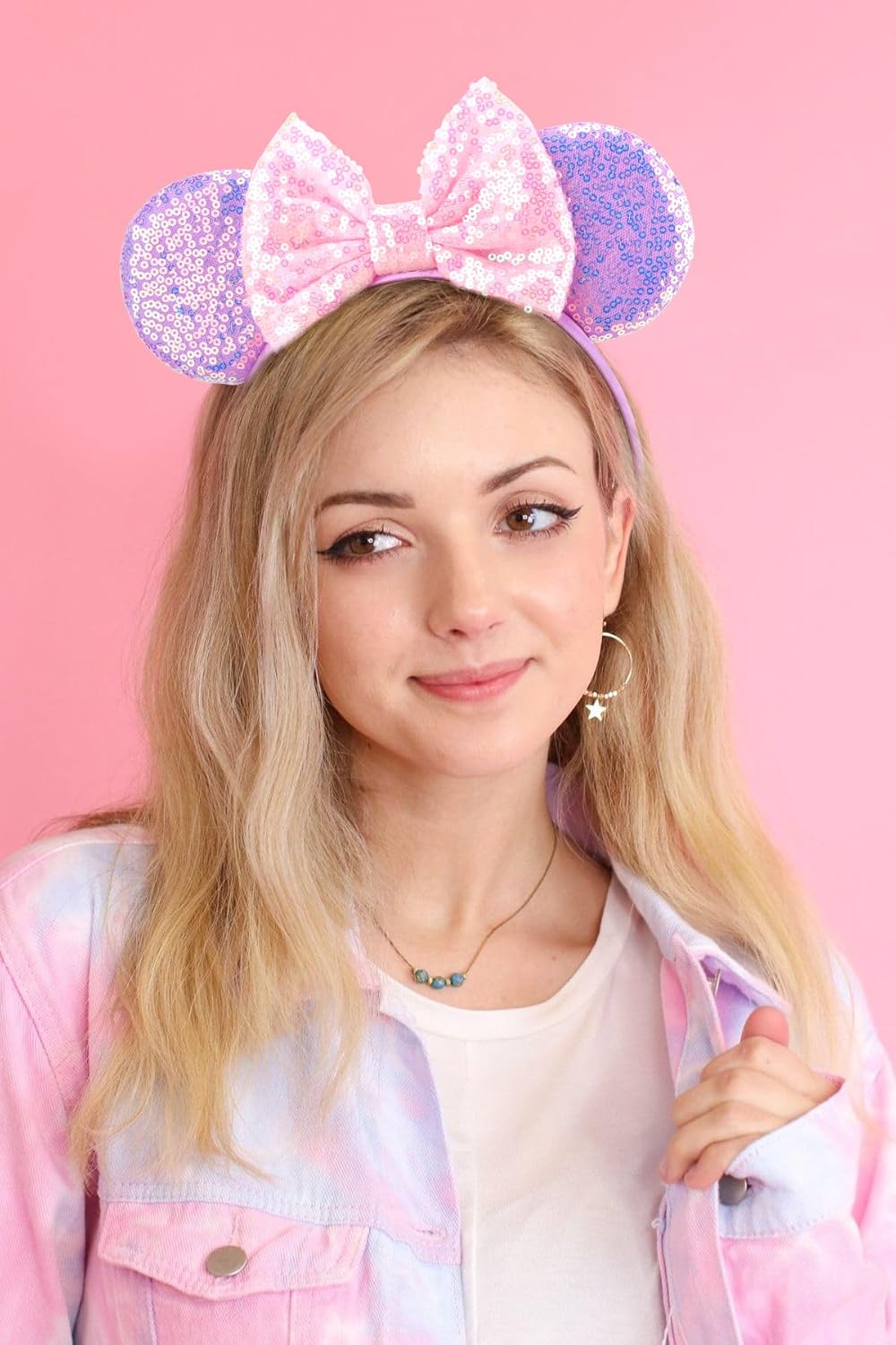 DRESHOW Minnie Ears Headbands Mouse Ears Sequins Bow Headbands Adjustable Elastic Headband Sequins Party Decoration Costume Cosplay for Women