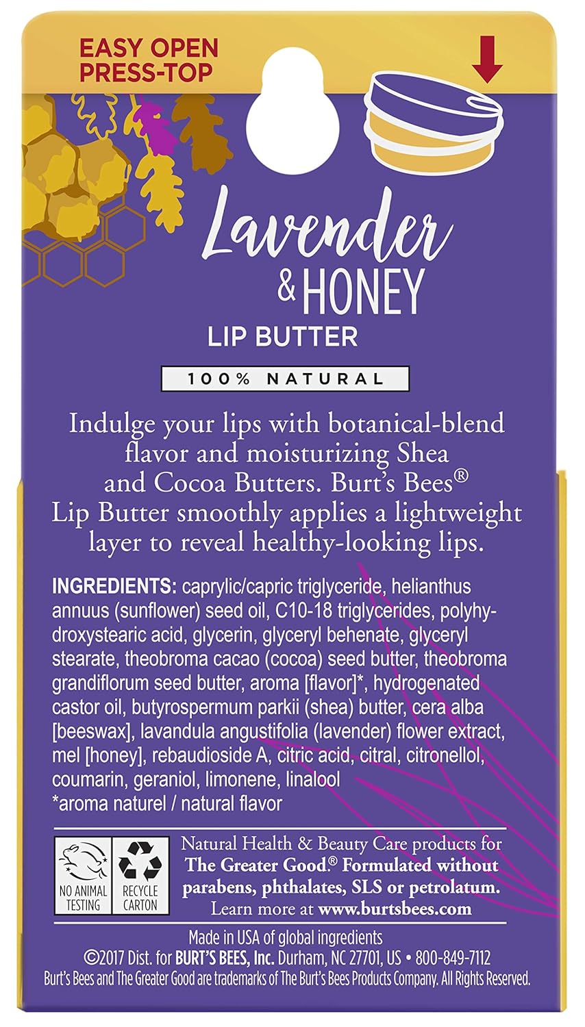 Burt's Bees Mantequilla de labios de origen natural 100% con manteca de karité y cacao, lavanda y miel, 1 lata