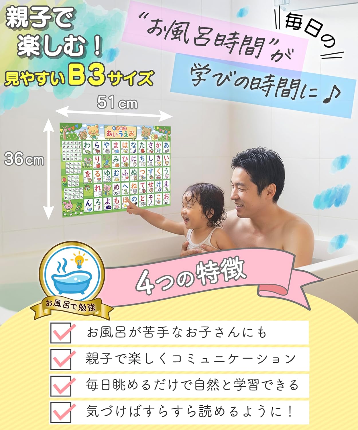 Study in the Bath: Set of 4 bath posters (1. Hiragana, 2. Katakana, 3. Alphabet, 4. Numbers). Comes with removable double-sided tape. ABC English Smooji Learning Poster, Educational Poster, Waterproof