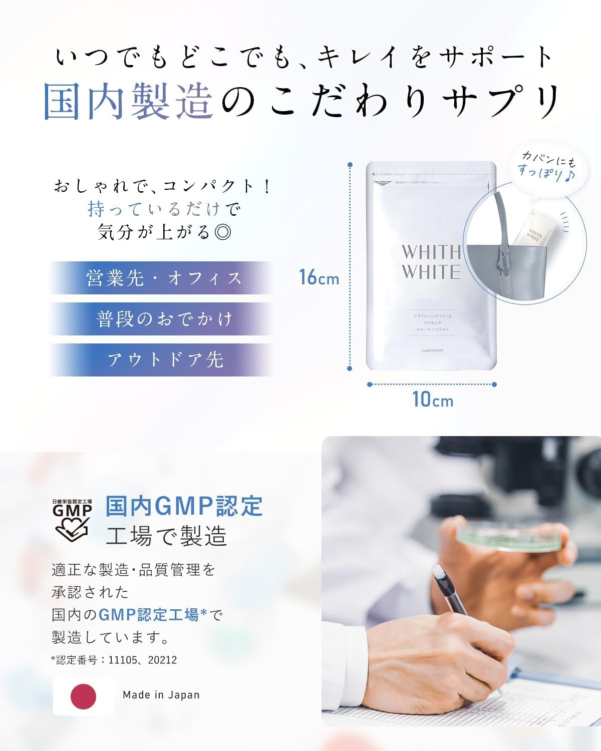 【Supporting the glowing me from within】WHITH WHITE Nutritional Supplement WHITH WHITE Beauty Supplement Inner Care 60 Tablets｜Contains Ceramide, Placenta, Collagen｜Made in Japan (60 Tablets) For a new