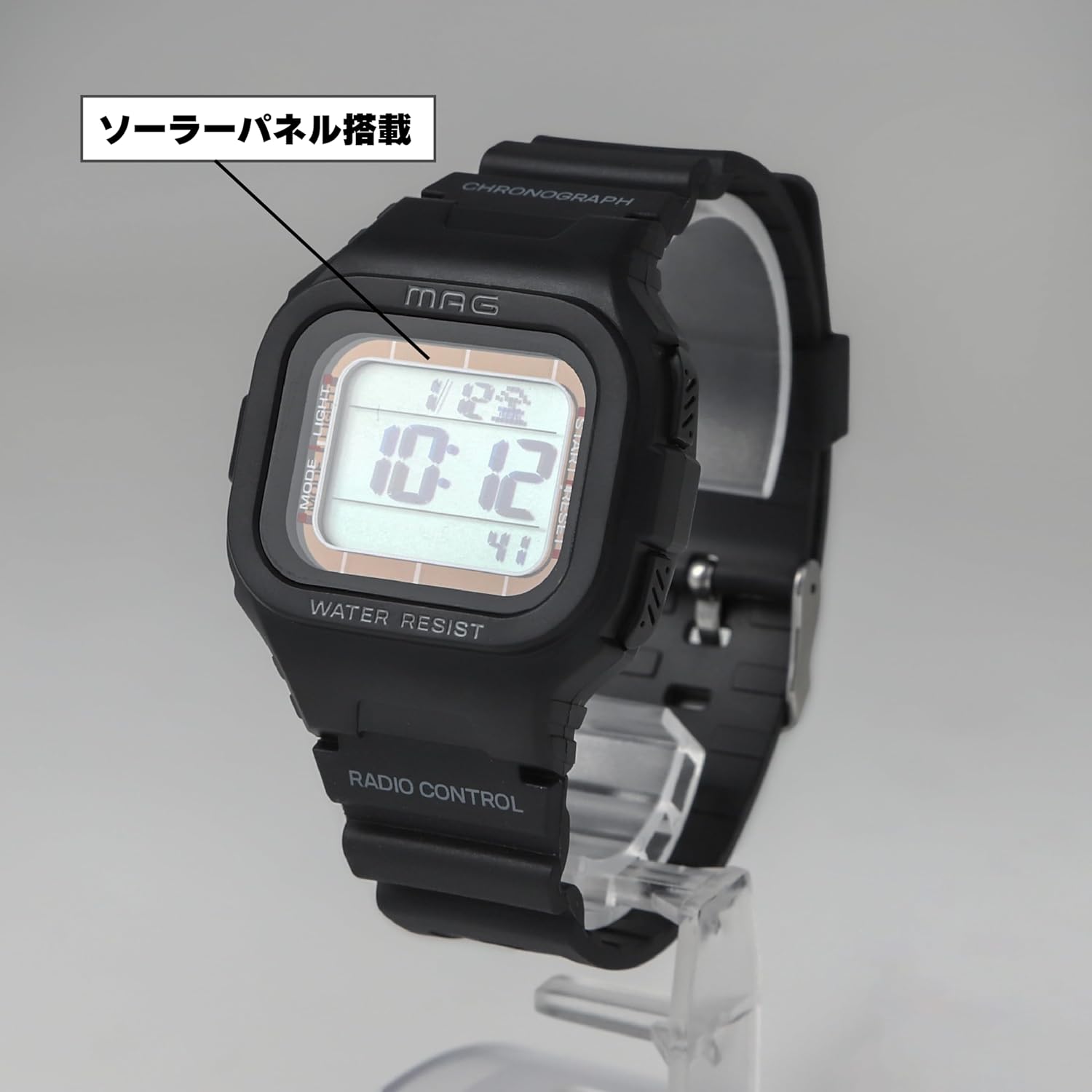 MAG MW-550A BK Digital Wristwatch, Radio, Solar, Dual Power, Waterproof, Urethane Strap, Slightly Smaller, For Kids