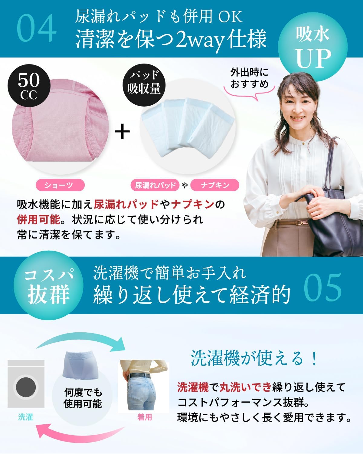 [With Girdle Function] 50cc Incontinence Panties, 99% Deodorizing, Water Absorption, Leakage, Light Incontinence, Made in Japan, Water Absorption Sheet, [Recommended for Active Nurses] Odor Control