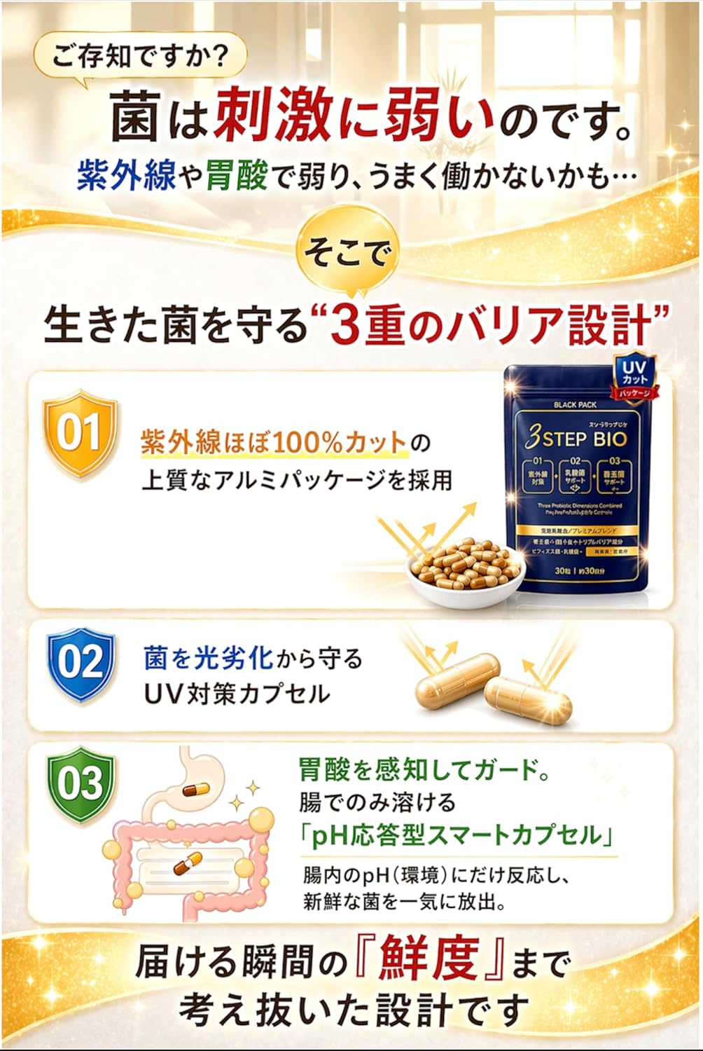 3STEP BIO（スリーステップ ビオ） 生きた菌4種 酪酸菌 乳酸菌 ビフィズス菌 糖化菌 サプリ プロバイオティクス 善玉菌 酪酸 短鎖脂肪酸 腸活 腸内環境 腸内フローラ ポストバイオティクス 5兆個 日本製 国内GMP認定工場 飲みやすい小さめサイズ BLACK PACK（ブラックパック） 30粒 30日分