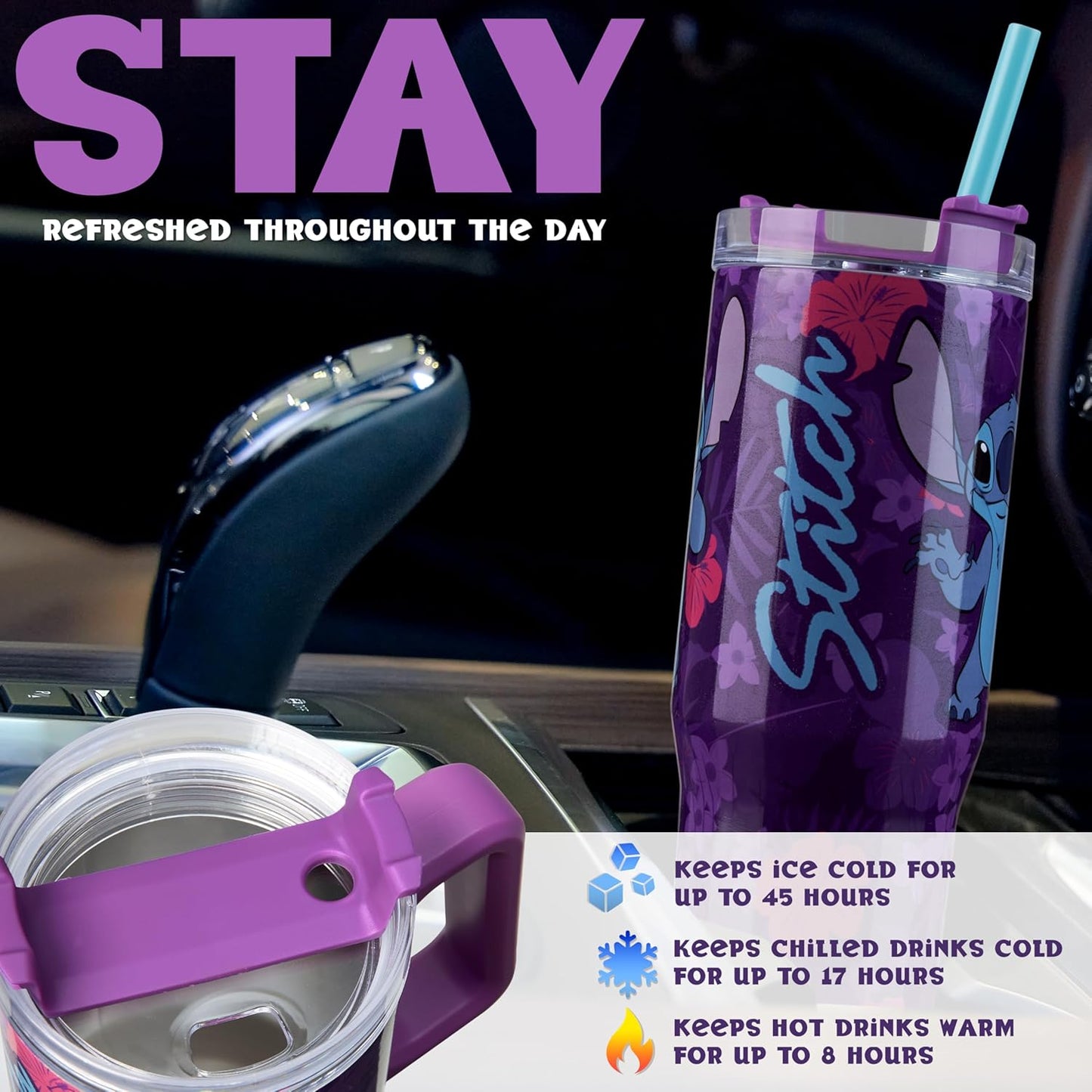 Taza de viaje aislada de Disney Stitch de 33 oz de acero inoxidable con asa y popote, botella de agua térmica de doble pared con aislamiento al vacío, compatible con portavasos para bebidas frías y