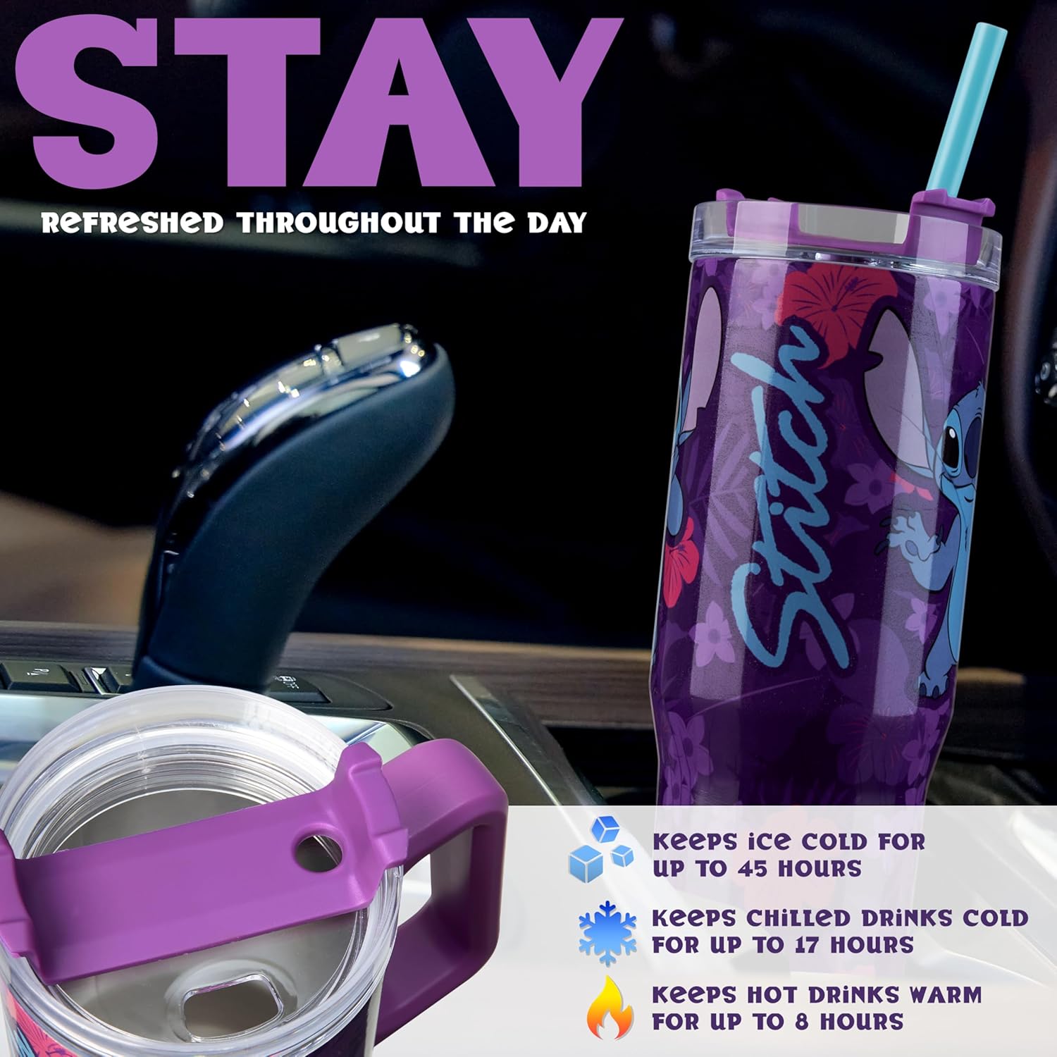Taza de viaje aislada de Disney Stitch de 33 oz de acero inoxidable con asa y popote, botella de agua térmica de doble pared con aislamiento al vacío, compatible con portavasos para bebidas frías y