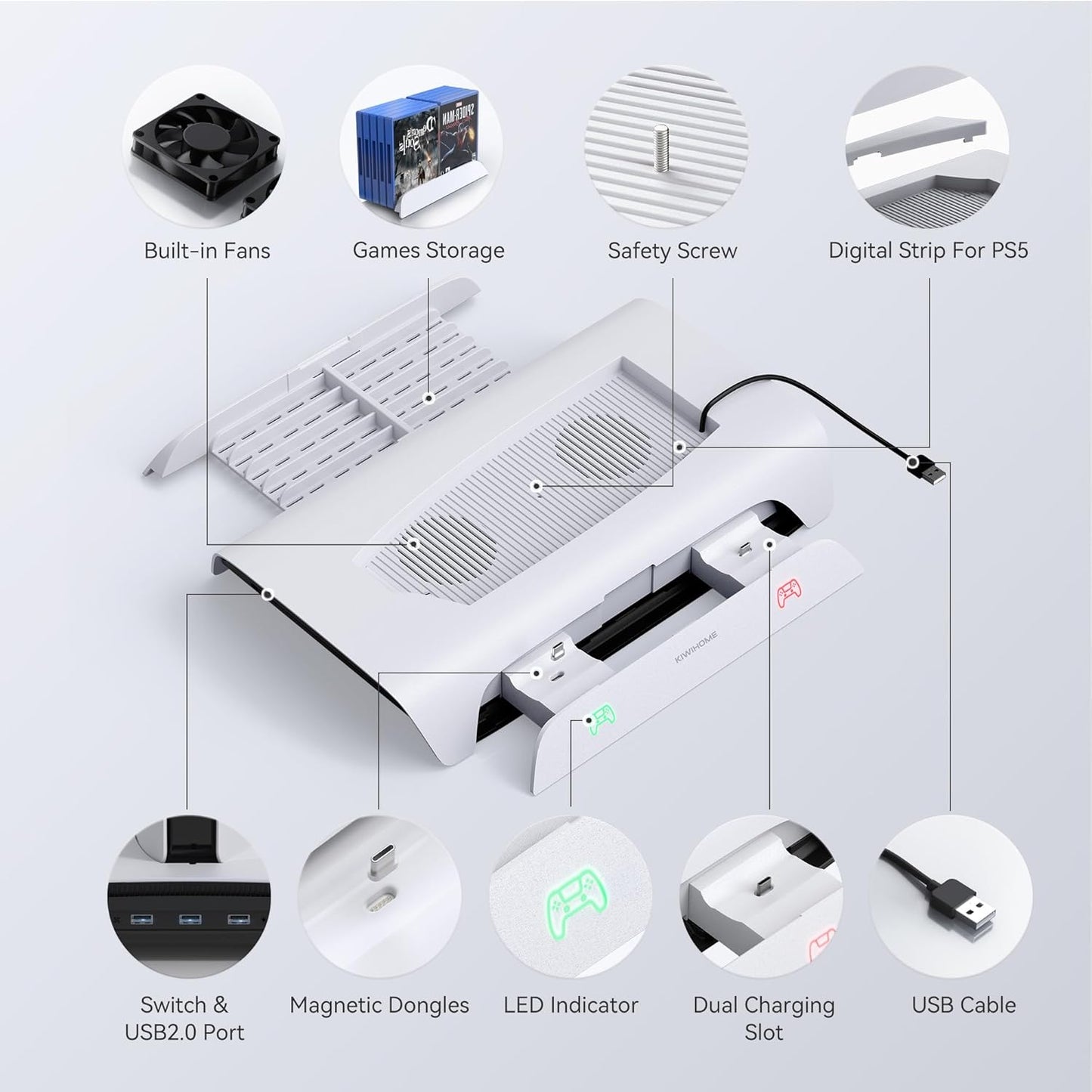KIWIHOME PS5 Stand, Vertical Stand, Magnetic Charging Version, PS5 Peripheral Devices, RGB Effect, 2 Controllers, Charging Stand, 3 USB Ports, PS5, Cooling Fan, PS5, Stand, Vertical, Compatible with