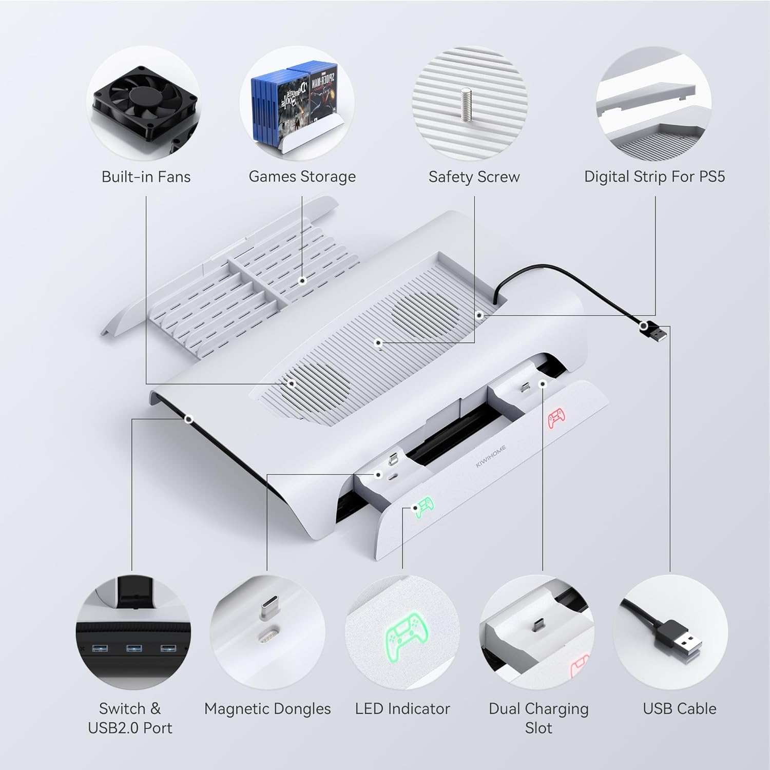 KIWIHOME PS5 Stand, Vertical Stand, Magnetic Charging Version, PS5 Peripheral Devices, RGB Effect, 2 Controllers, Charging Stand, 3 USB Ports, PS5, Cooling Fan, PS5, Stand, Vertical, Compatible with