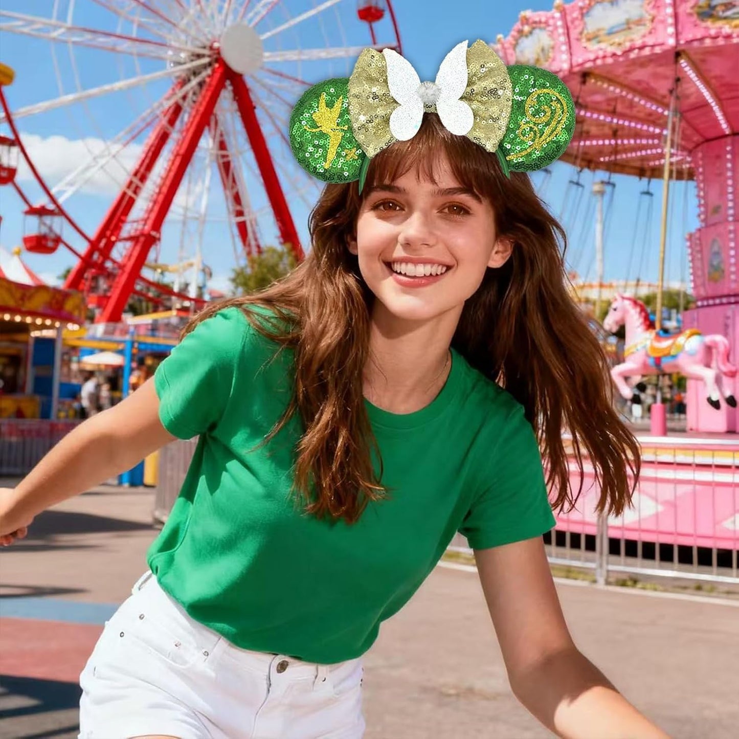 Diadema con orejas de ratón - Banda para el pelo con purpurina para fiestas en parques temáticos, blanco, verde, 1 recuento (paquete de 1)