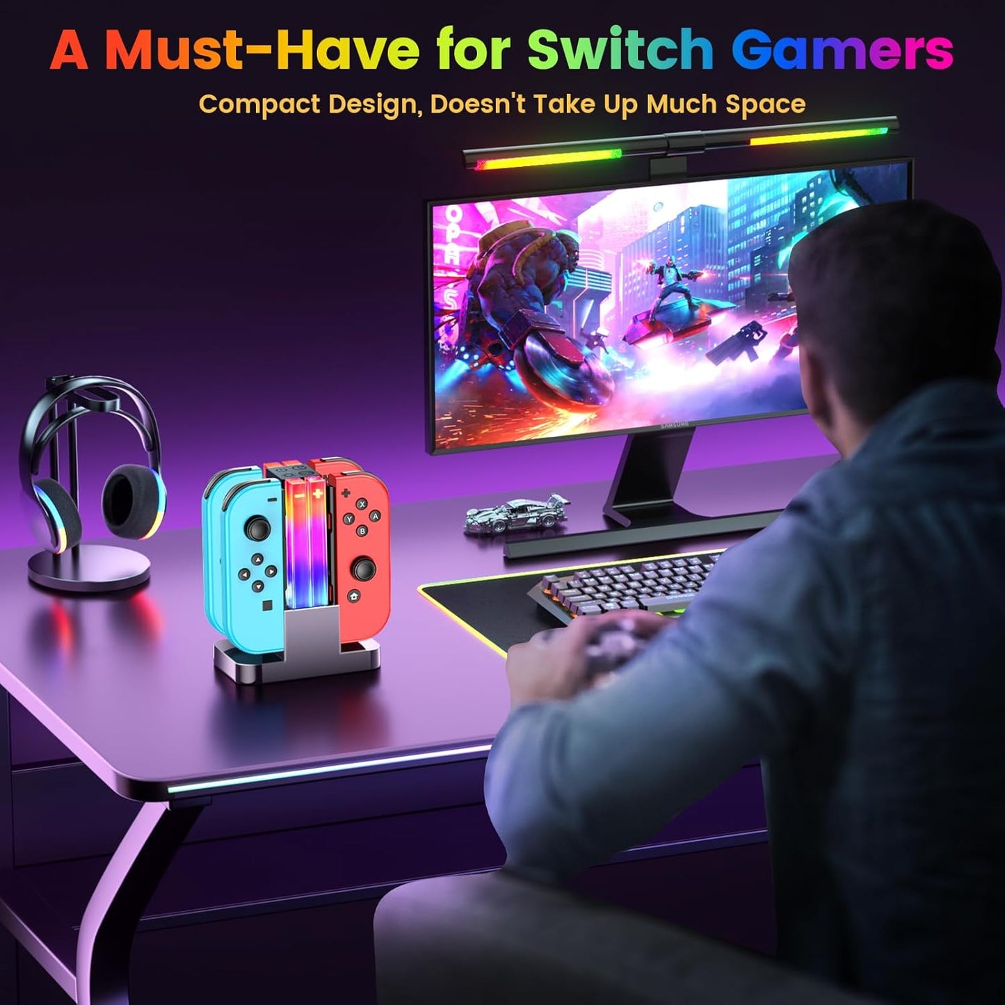Switch & Switch 2024 New Model for Organic EL Joy-Con Charging Stand, RGB Light, 6 Modes Switching, Timing Function, Overcharge Prevention, USB-C Cable Included