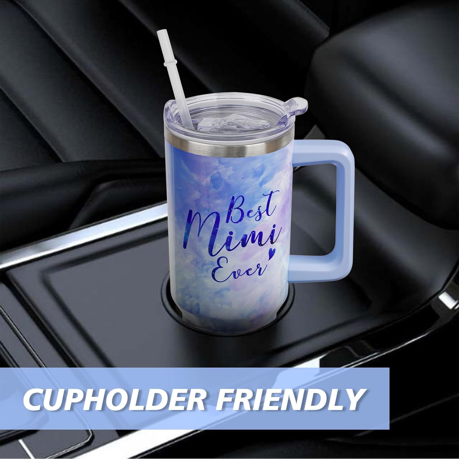 Mimi - Vaso de café con asa y pajita, de acero inoxidable, con diseño de Best Mimi Ever Sky Blue, 40 onzas, regalo para la abuela