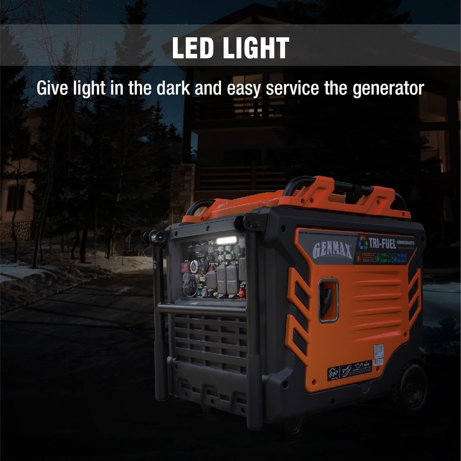 GENMAX GM10500iETC Tri-Fuel Inverter Generator, 10500 Watt, 458cc Tri-Fuel Gas, Propane, Natural Gas, Portable Generator, Ideal for Home Backup Power Supply, EPA & CARB Compliant, 50-State Approved