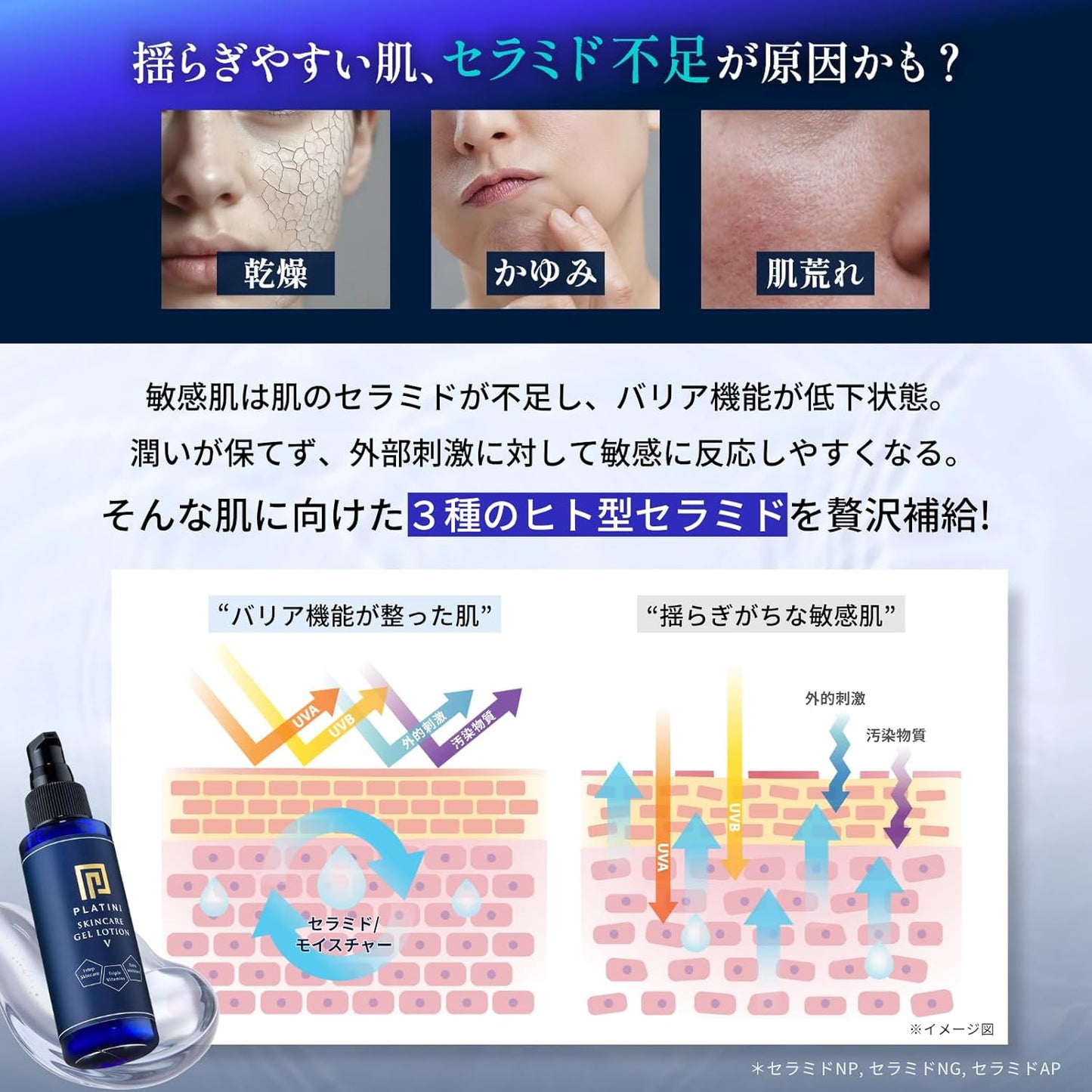 PLATINI Skin Care Gel Lotion V (Contains High Penetrating Vitamin C Derivatives!), Lotion, Beauty Essence, Emulsion, All-in-One Gel, Lotion, Men's, Vitamin C, Vitamin A, Vitamin E, Ceramide, 7