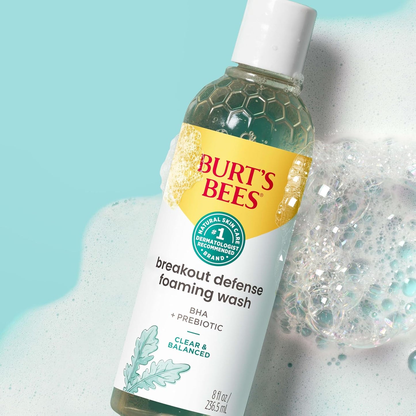 Burt's Bees Lavado facial espumoso, limpiador BHA Breakout Defense para todo tipo de piel, elimina las impurezas y el exceso de aceite facial, con un prebiótico, 8 onzas.