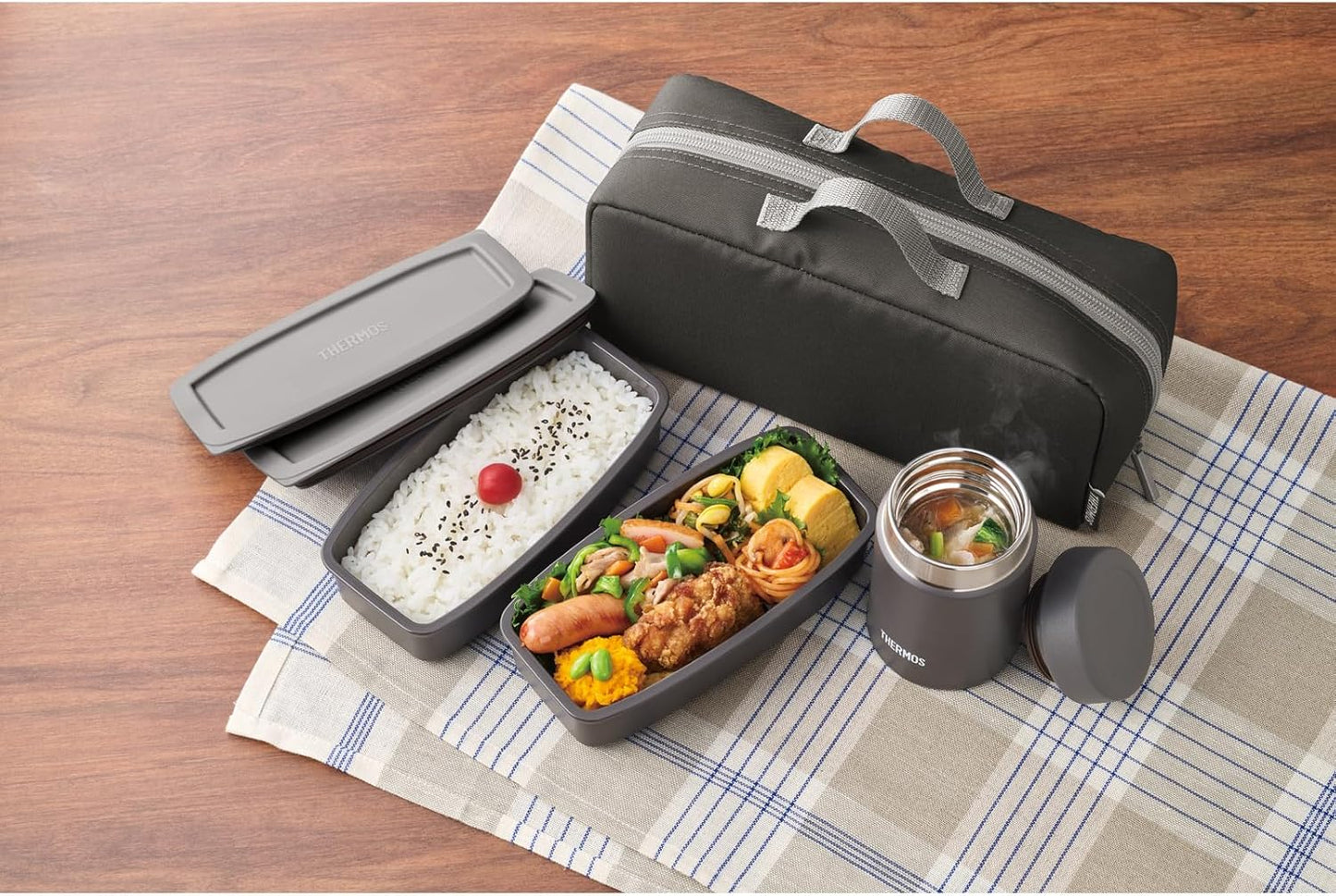 【Dishwasher Compatible Model】 Thermos Vacuum Insulated Soup Lunch Set 1.0L Black Gray with Insulated Structure Dedicated Pouch, Pouch Washable, Container Microwave Safe, Bento Box JEH-1000 BKGY