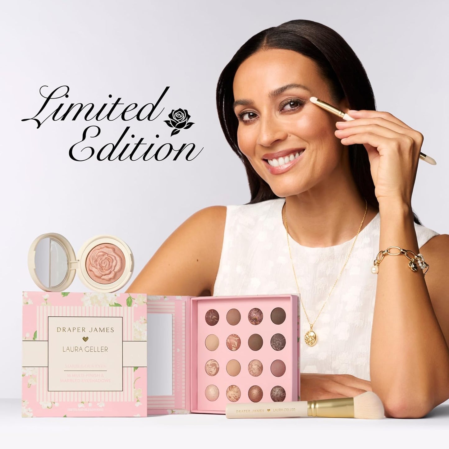 LAURA GELLER NEW YORK Paleta de sombras de ojos de mármol – 16 sombras de ojos horneadas y marmoladas multiacabado en acabados mate y satinado – Edición limitada Draper James Collaboration