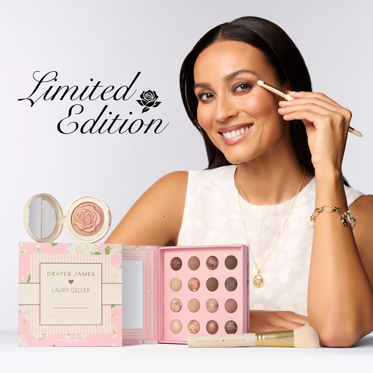 LAURA GELLER NEW YORK Paleta de sombras de ojos de mármol – 16 sombras de ojos horneadas y marmoladas multiacabado en acabados mate y satinado – Edición limitada Draper James Collaboration